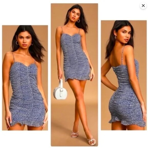 Lulus “Walk the Walk” Blue Floral Ruched Bodycon Mini Dress – Large‎ - Picture 5 of 15